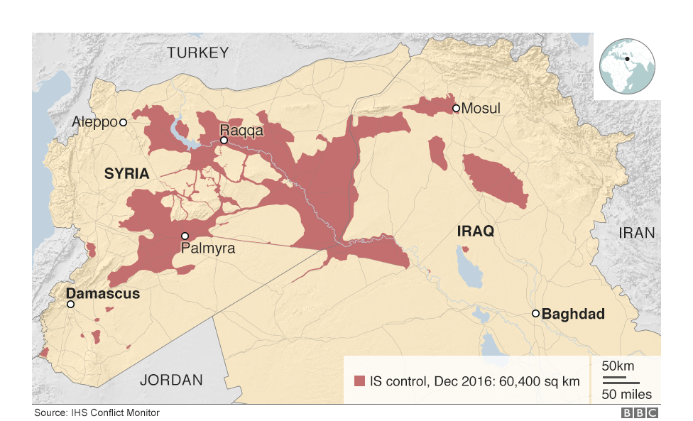 Map of Iraq and Syria showing the territory controlled by IS in December 2016