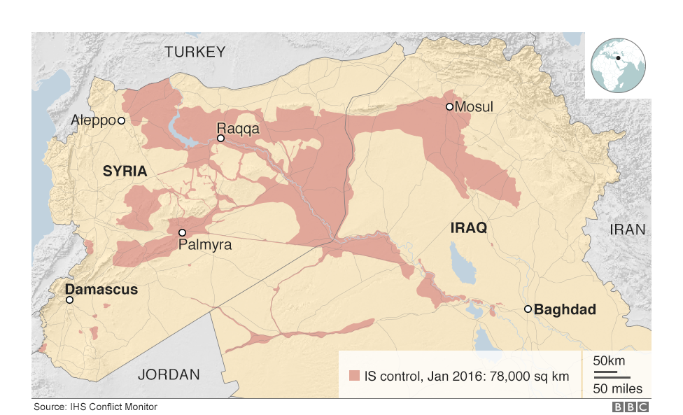 Map of Iraq and Syria showing the territory controlled by IS in January 2016