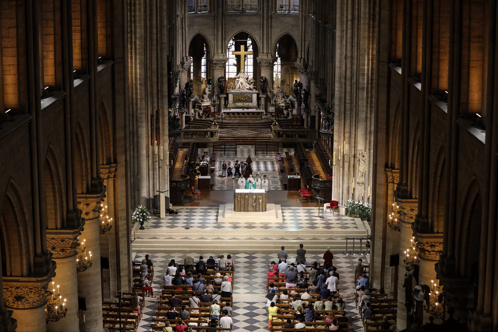 Looking down on people attending a service of mass in the cathedral