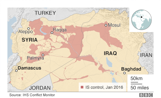 Areas under IS control, Iraq and Syria Jan 2016