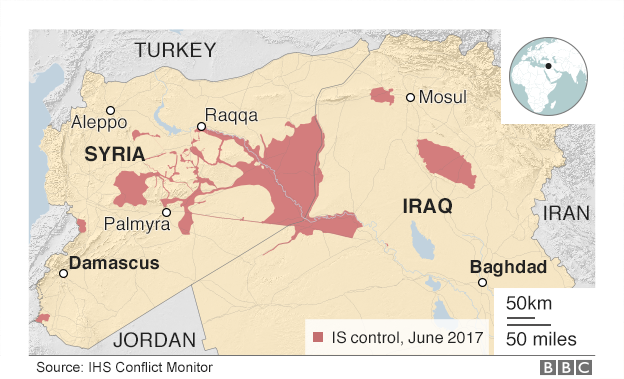 Areas under IS control, Iraq and Syria June 2017