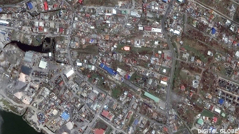 Satellite image of Philipsburg, in the Dutch territory of Sint Maarten, after Hurricane Irma