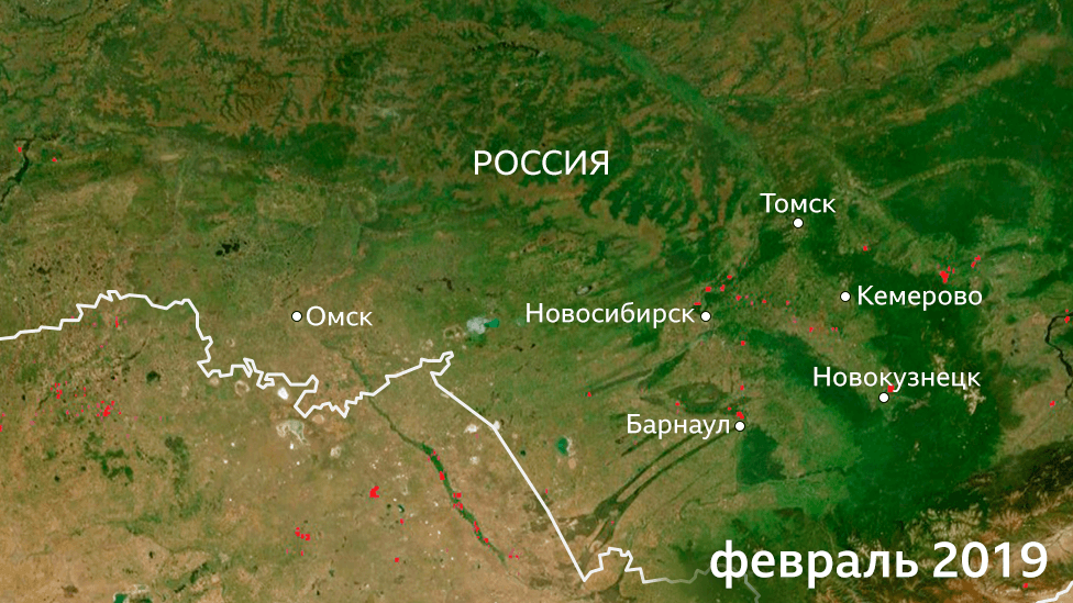 Пострадавшие от огня территории в Сибири в феврале 2019 года