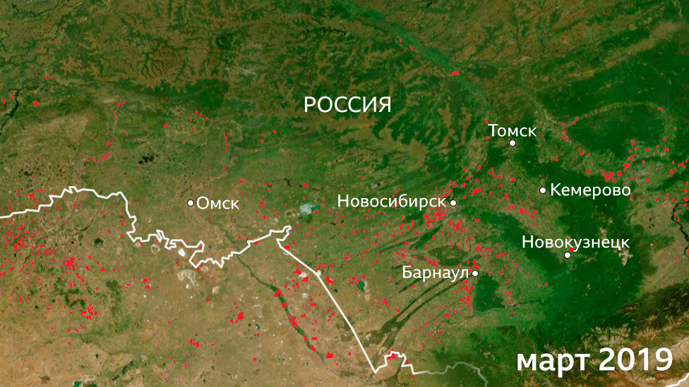 Пострадавшие от огня территории в Сибири в марте 2019 года