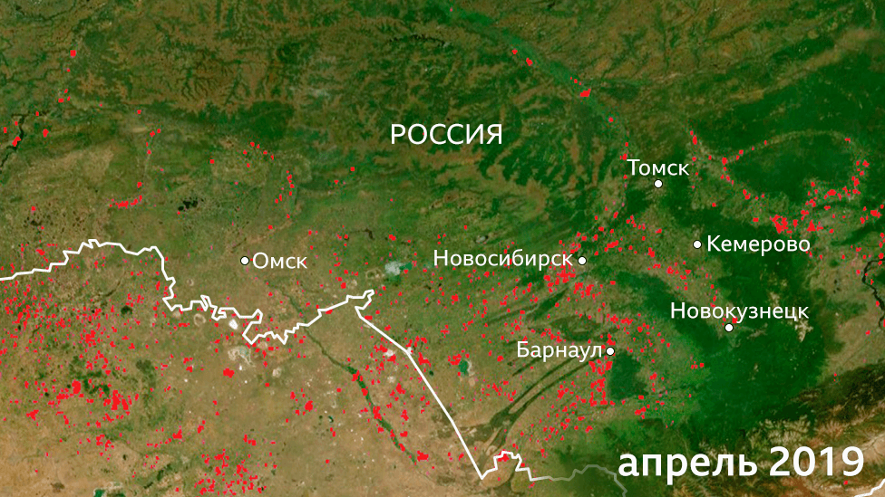 Пострадавшие от огня территории в Сибири в апреле 2019 года