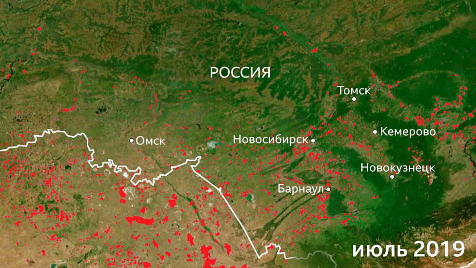 Пострадавшие от огня территории в Сибири в июле 2019 года