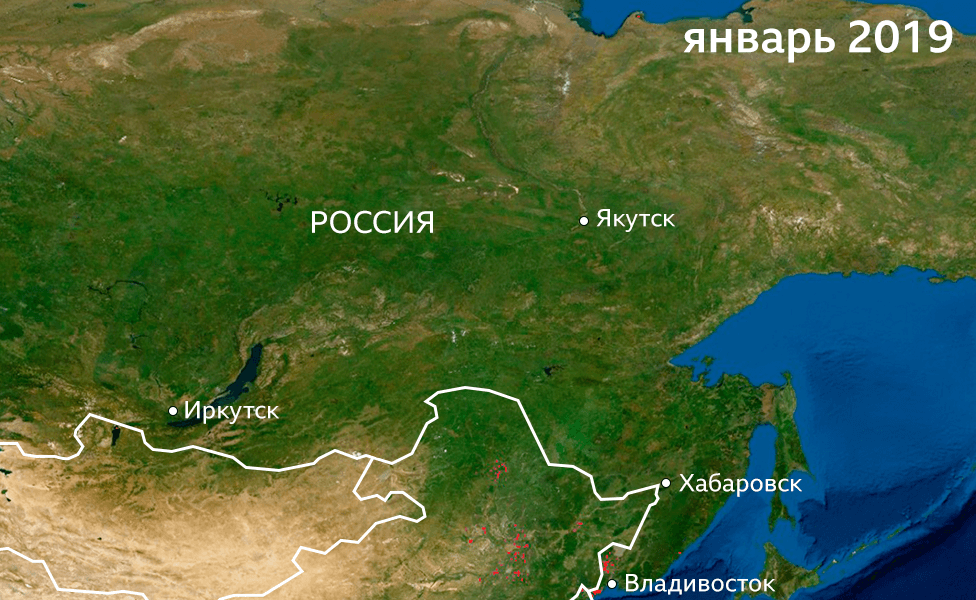 Пострадавшие от огня территории в восточной части России в январе 2019 года