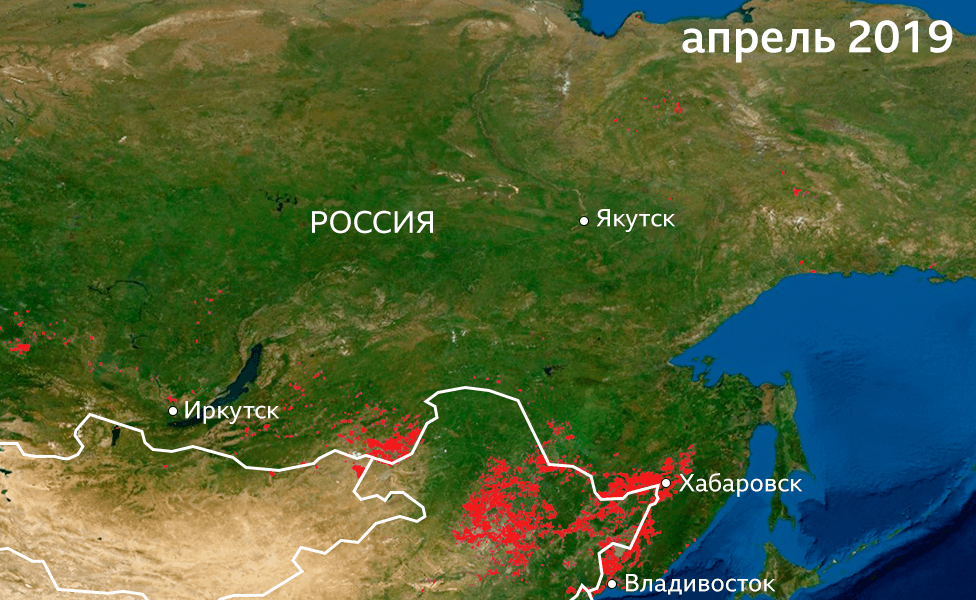 Пострадавшие от огня территории в восточной части России в апреле 2019 года