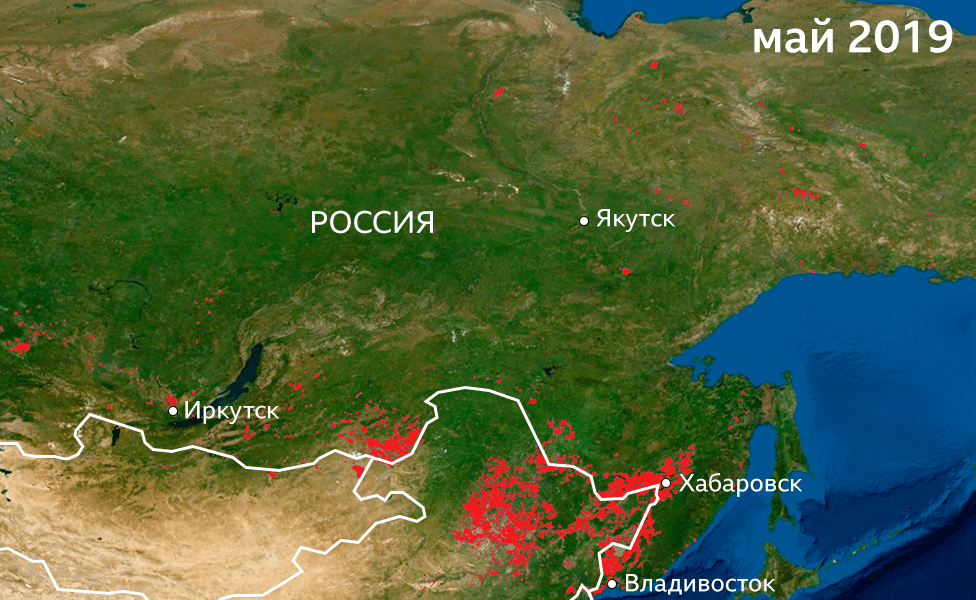 Пострадавшие от огня территории в восточной части России в мае 2019 года