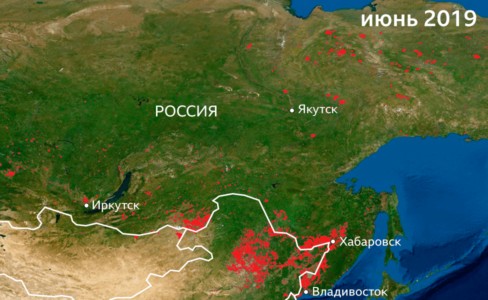 Пострадавшие от огня территории в восточной части России в июне 2019 года