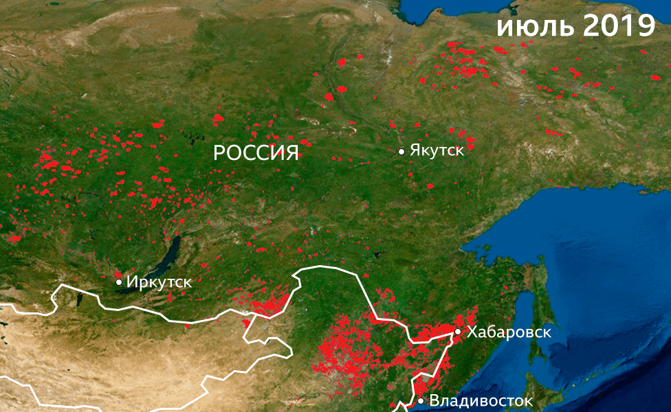 Пострадавшие от огня территории в восточной части России в июле 2019 года