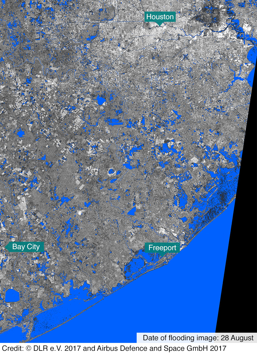 Satellite image of Texas coastline after Hurricane Harvey showing flooding