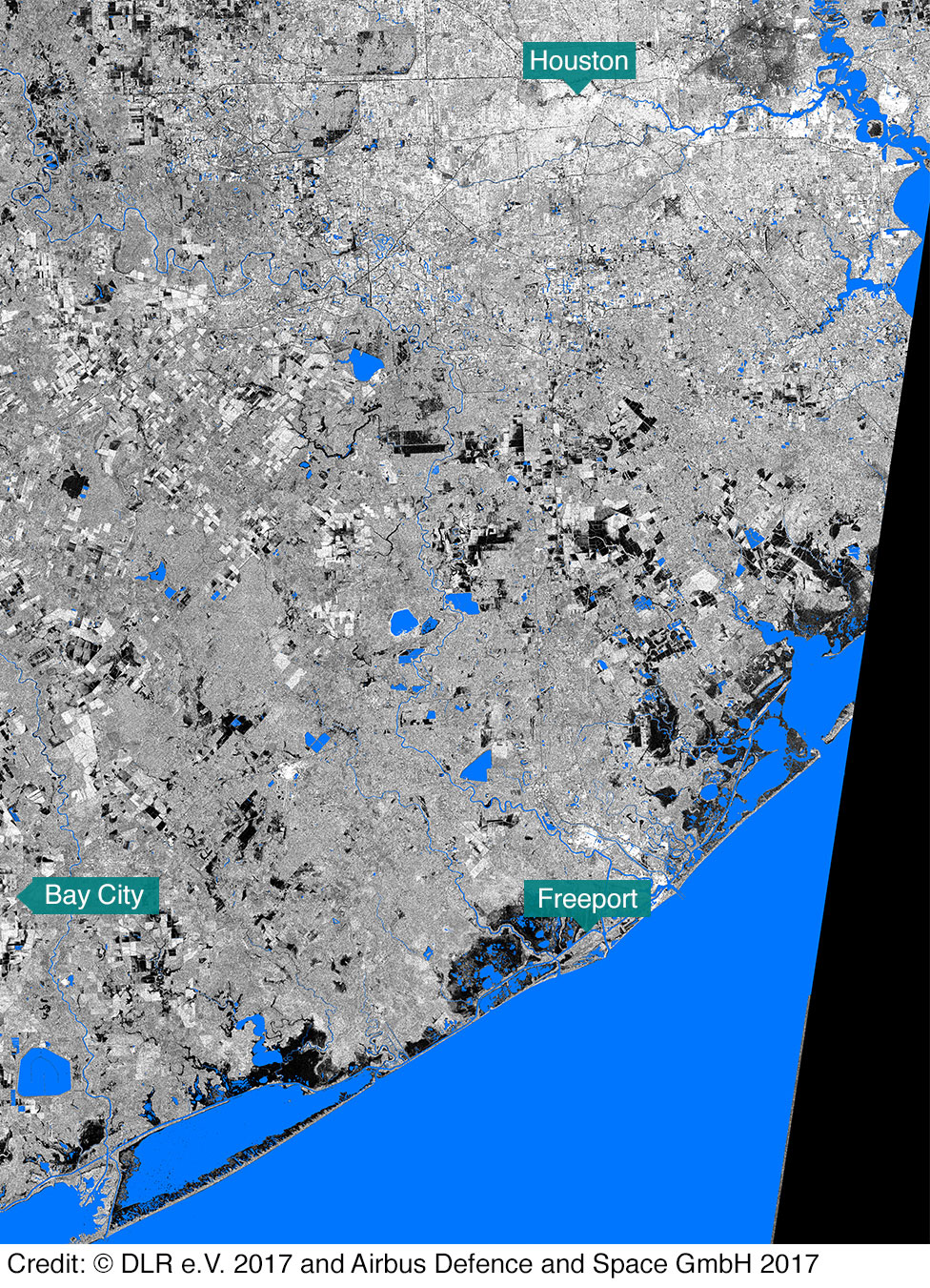 Satellite image of Texas coastline before Hurricane Harvey