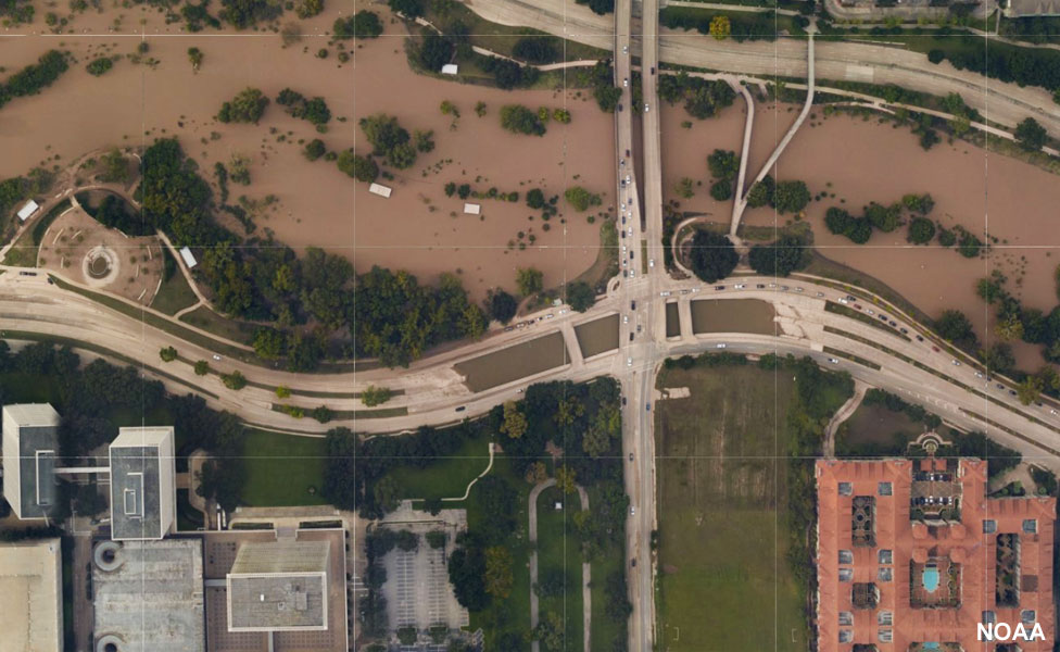 Aerial images show how central Houston underpasses remain flooded, 30 August