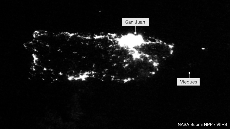 Imagen satelital en la que se ven las luces de Puerto Rico el 26 de septiembre de 2017 
