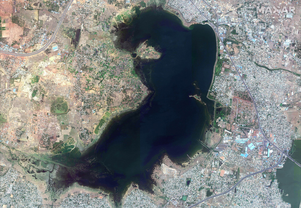 The Puzhal reservoir is seen in this satellite photograph, clearly filling its boundaries in this file photo from June 2018