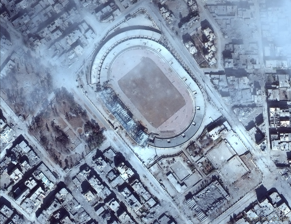 The stadium pictured after IS were forced out of Raqqa, October 2017