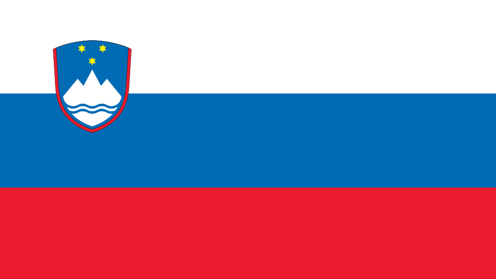 Slovenia's flag - top to bottom white, blue, and red, with a crest positioned left showing a white mountain crowned with three yellow stars